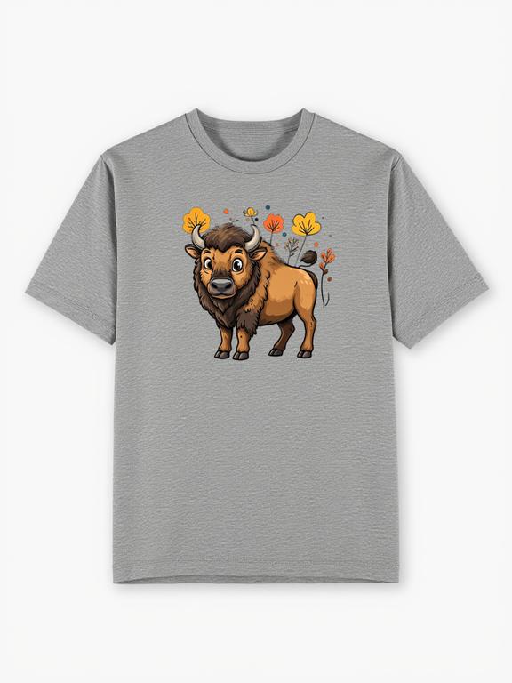 Men T-shirt Grey Cotton Cartoon European Bison Print Summer Tee