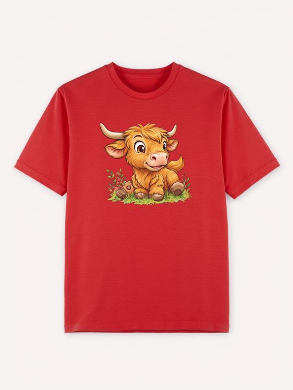 Men T-shirt Red Cotton CartoonPrints HighlandCows Summer Tee