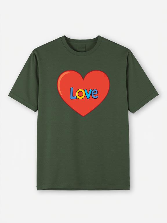 Men T-shirt Dark Green Cotton Summer Tee with Cartoon Love Print
