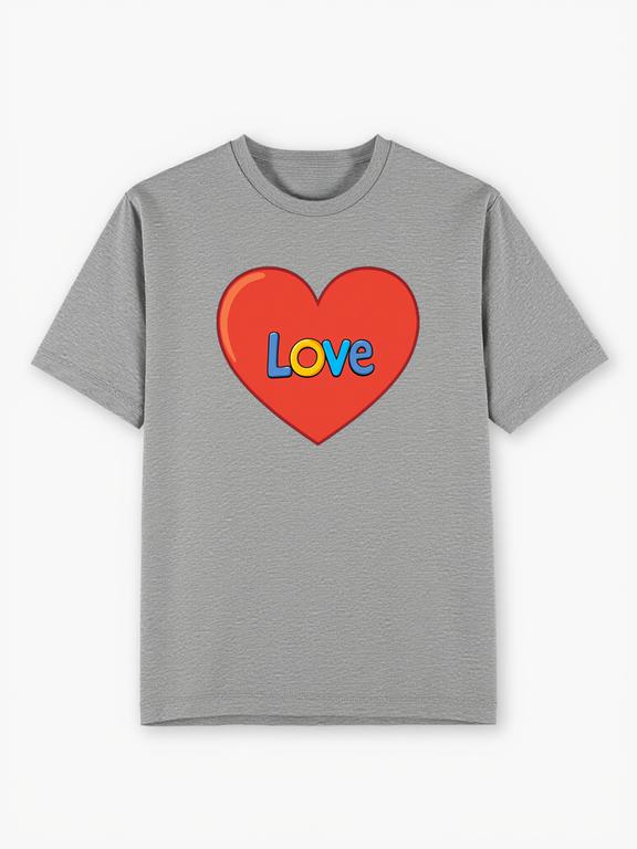 Men T-shirt Grey Cotton Summer Tee with Cartoon Love Print