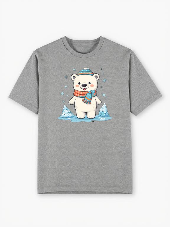Men T-shirt Grey Cotton Cartoon Polar Bear Print Summer Tee