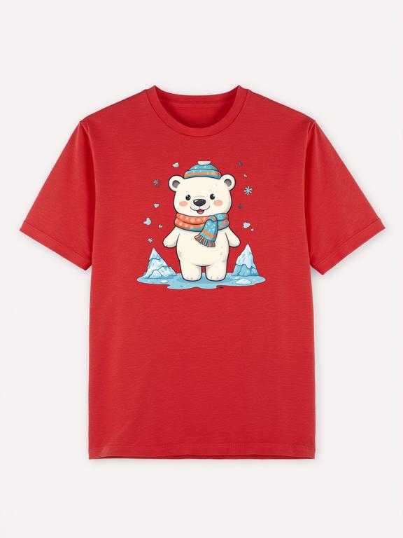 Men T-shirt Red Cotton Cartoonprint Polar Bear Summer Tee