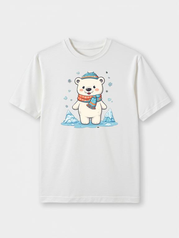 Men T-Shirt White Cotton Cartoon Polar Bear Print Summer Tee