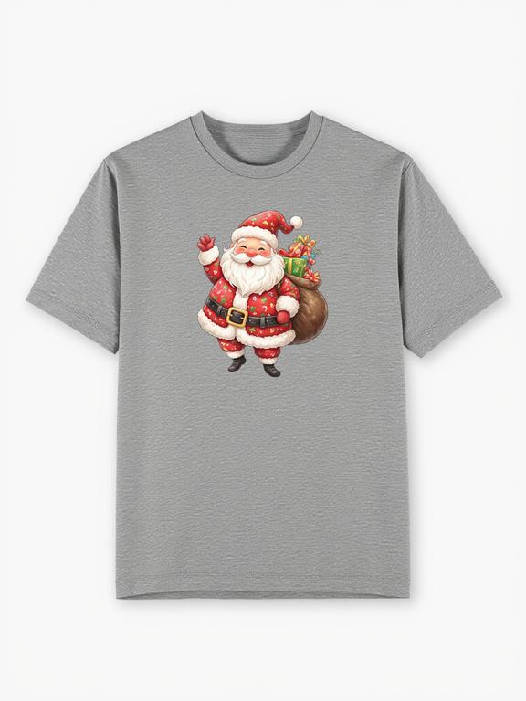 Men T-shirt Grey Cotton Santa Claus Cartoon Print Summer Tee