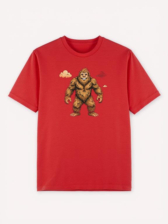 Men T-shirt Red Cotton Bigfoot Cartoon Print Summer Tee