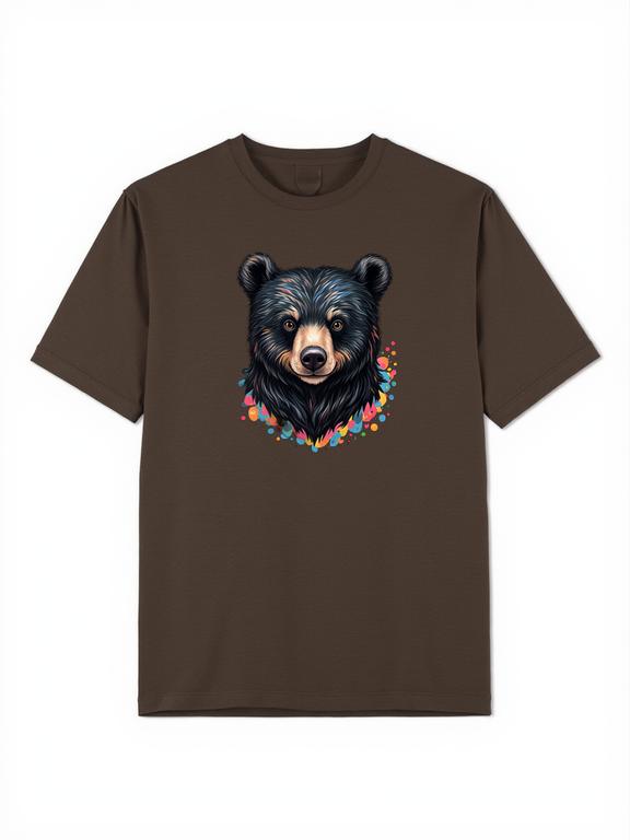 Men T-shirt Blackbear Cartoon Print Dark Brown Cotton Summer Tee