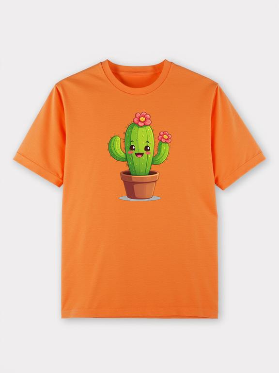 Men T-shirt Orange Cotton Cactus Cartoon Print Summer Tee