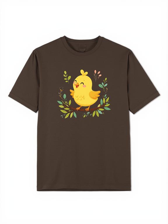 Men T-shirt Dark Brown Cotton Shirt with Cartoon Canary Print Summer Wear