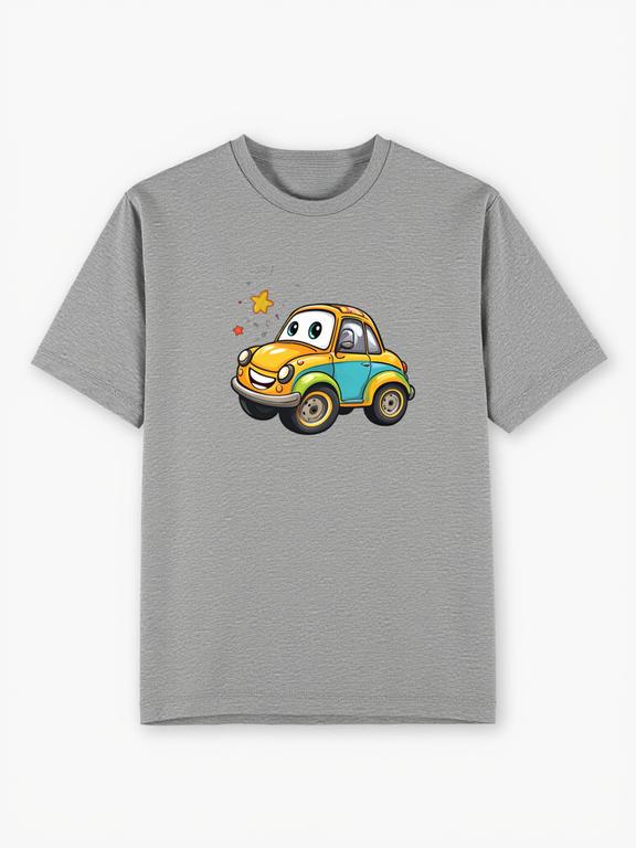 Men T-shirt Grey Cotton Cartoon Car Print Summer Tee