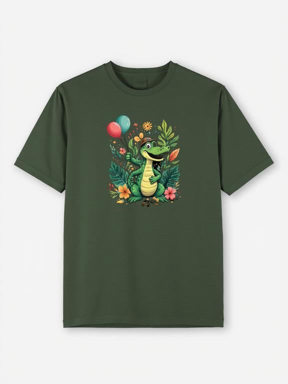 Men T-shirt Dark Green Cotton Summer Tee with Cartoon Crocodile Print