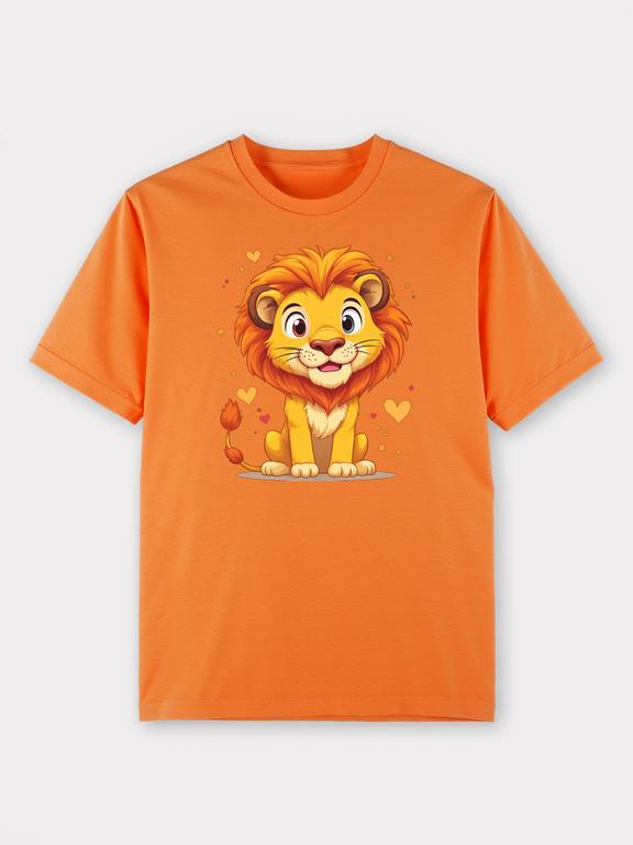 Vibrant Orange Cotton T-shirt with Cute Cartoon-Style African Lion Print, Perfect for Summer