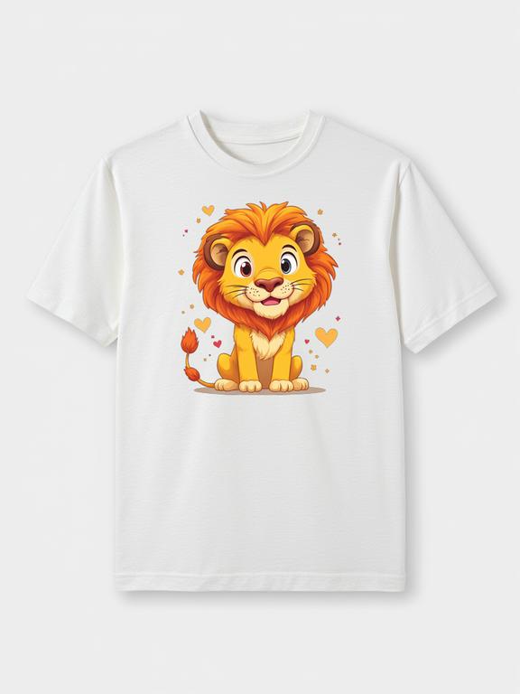 White Cotton Summer T-Shirt with Cartoon African Lion Print