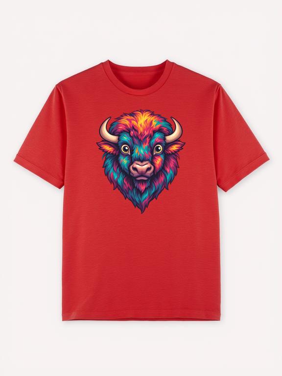 Red Cotton Summer T-shirt with Cartoon American Bison Print
