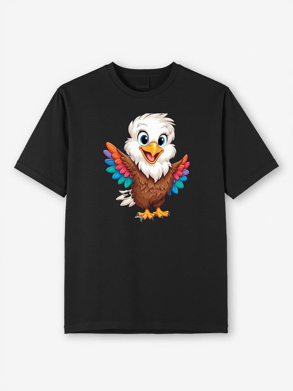 Black Cotton Summer T-Shirt with Cartoon Bald Eagle Print