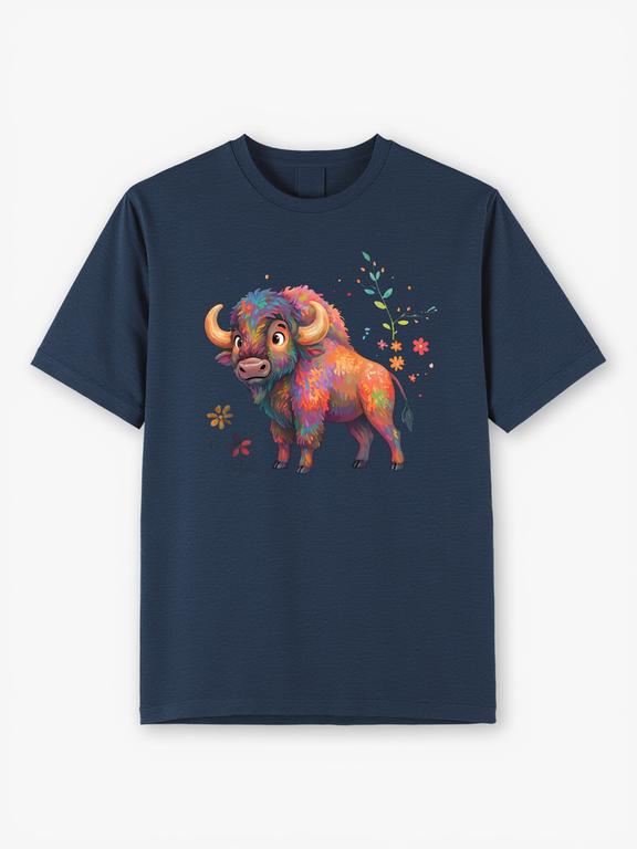 Dark Blue Cotton Summer T-Shirt with Cartoon European Bison Print