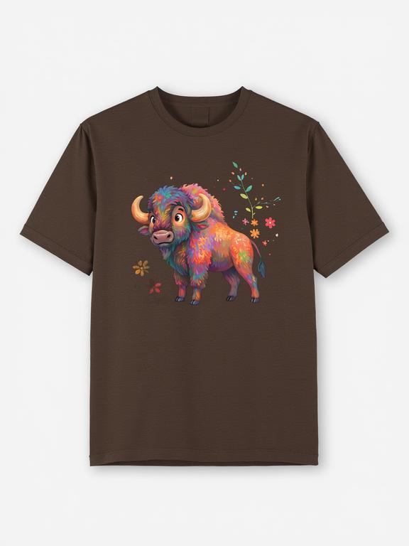 Dark Brown Cotton Summer T-shirt with Cartoon European Bison Print
