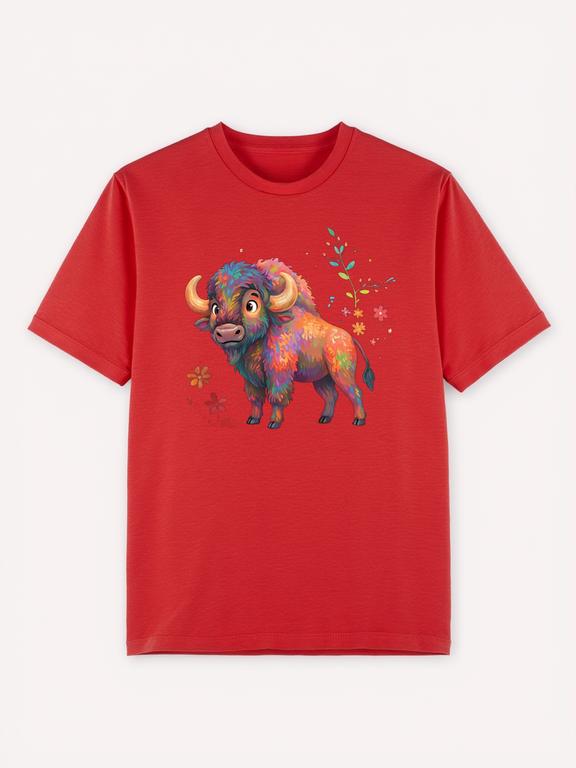 Red Cotton Summer T-shirt with Cartoon European Bison Print