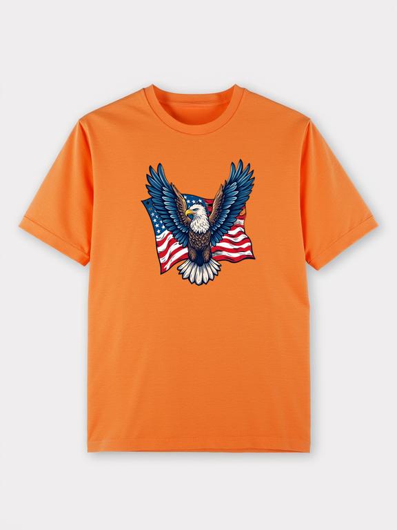 Women's T-shirt Orange Cotton Summer Top with Cartoon American Flag & Bald Eagle Print