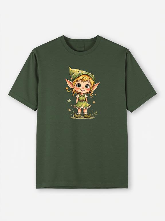 Women's T-Shirt Dark Green Cotton Cartoon Print Summer Shirt with Beautiful Elf Design