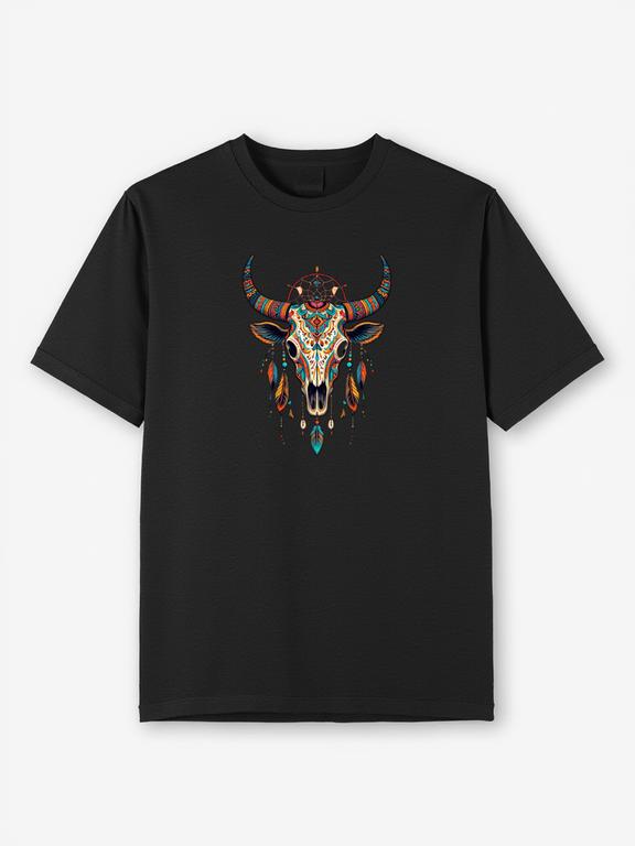 Women's T-shirt Black Cotton Boho Cow Skull Cartoon Print Summer Top