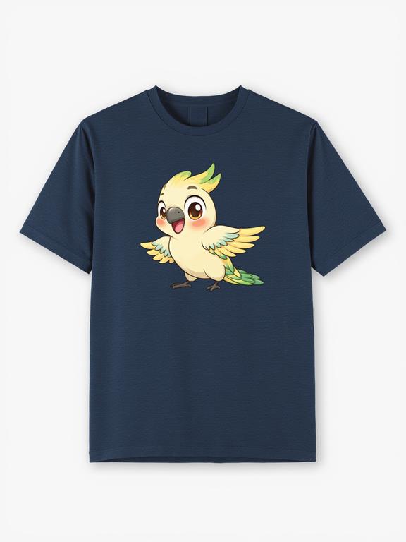Women's T-Shirt Dark Blue Cotton Summer Top with Cartoon Cockatiel Print