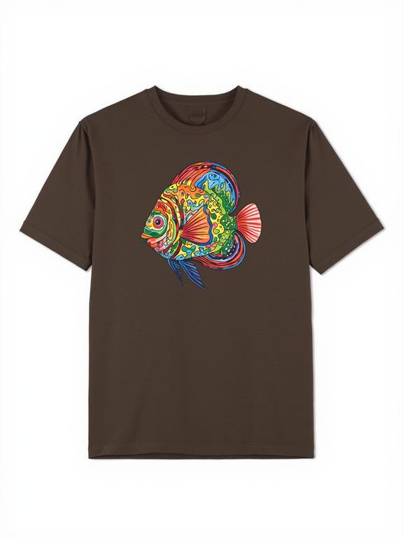Women's T-shirt Dark Brown Cotton Summer Top with Cartoon Discus Fish Print