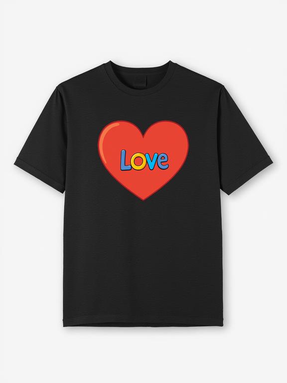 Women's T-shirt Black Cotton Summer Top with Cartoon Love Print