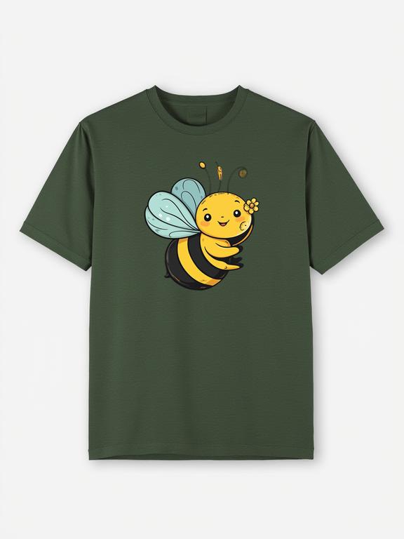 Women's T-Shirt Dark Green Cotton Summer Top with Cartoon Bee Print