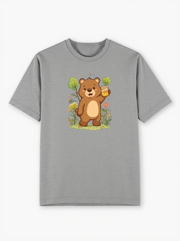 Women's T-Shirt Grey Cotton Cartoon Print Brown Bear Summer Top