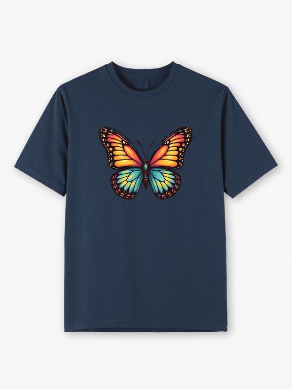 Women's T-shirt Dark Blue Cotton Summer Top with Cartoon Butterfly Print
