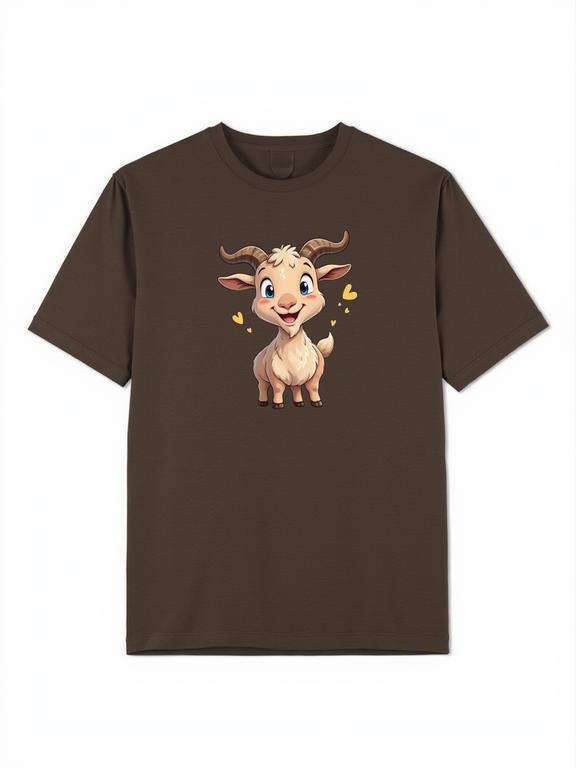 Women's T-shirt Dark Brown Cotton Cartoon Goat Print Summer Top