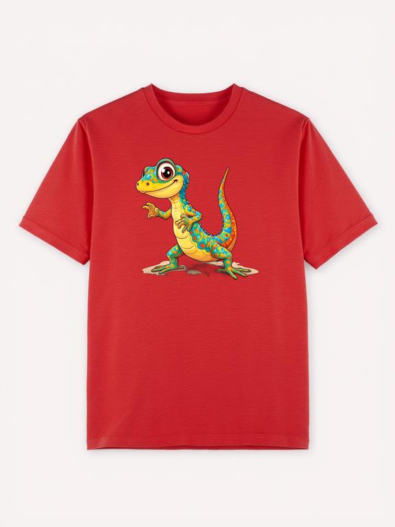 Women's T-shirt Red Cotton Summer Top with Cartoon Lizard Print