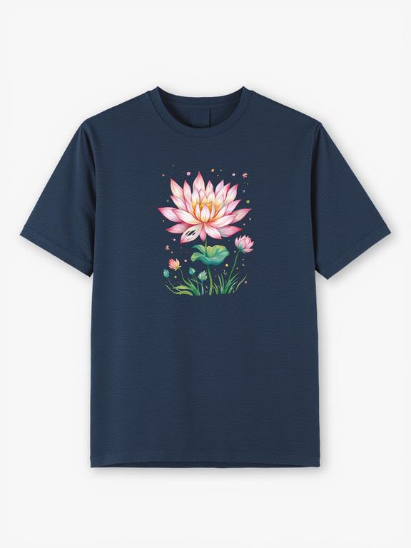 Women's T-shirt Dark Blue Cotton Summer Top with Cartoon Lotus Print