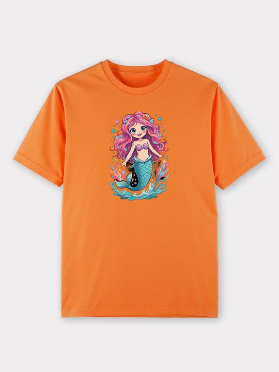 Women's T-shirt Orange Cotton Summer Top with Cartoon Mermaid Print