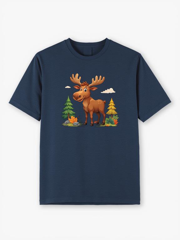 Women's T-Shirt Dark Blue Cotton Cartoon Moose Print Summer Tee