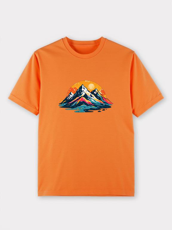 Women's T-Shirt Orange Cotton Summer Top with Cartoon Mountain Range Print