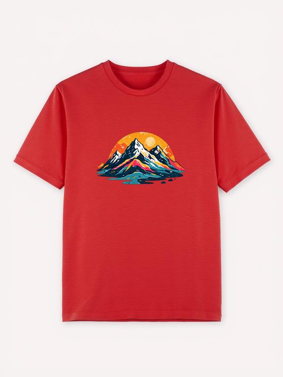 Women's T-Shirt Red Cotton Cartoon Print Mountain Range Summer Tee