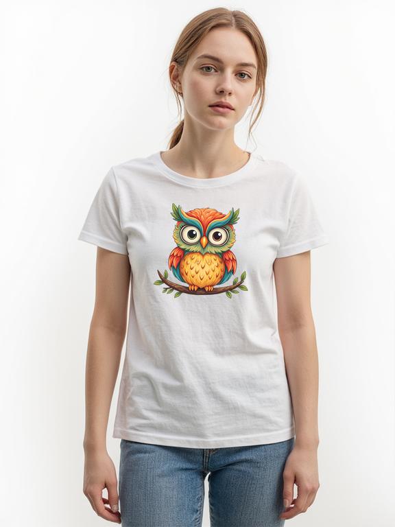 Women's T-Shirt White Cotton Cartoon Owl Print Summer Tee