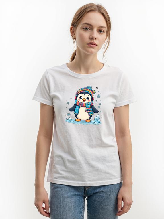 Women's T-Shirt White Cotton Cartoon Penguin Print Summer Graphic Tee