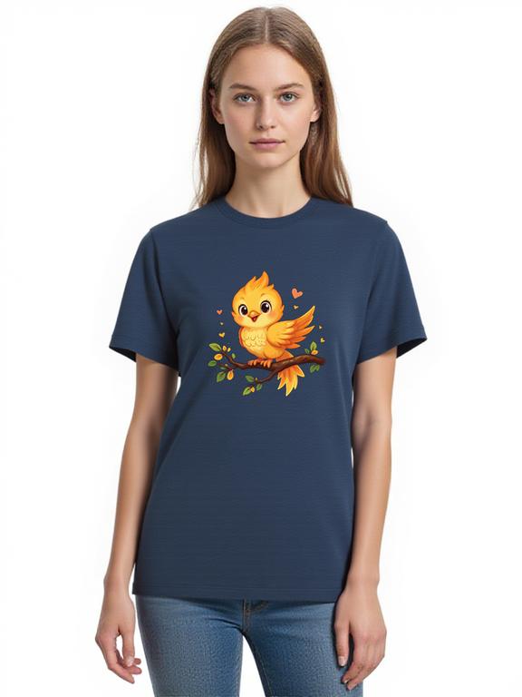 Women's T-shirt Dark Blue Cotton Summer Top with Cartoon Phoenixcub Print