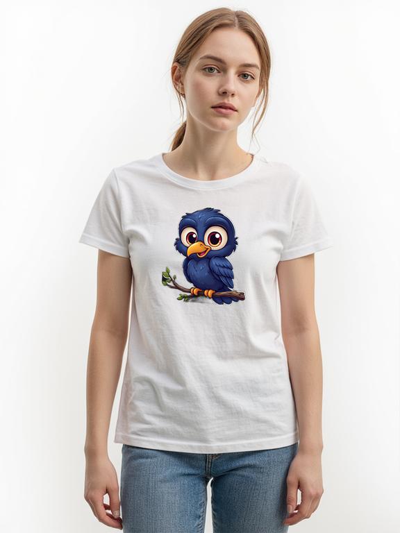 Women's T-Shirt White Cotton Cartoon Raven Print Summer Tee