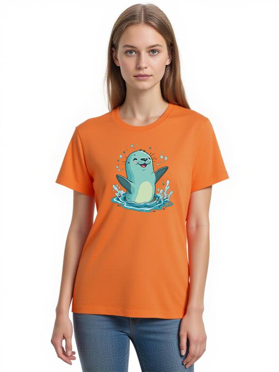Women's T-Shirt Orange Cotton Summer Tee with Cartoon Sealion Print