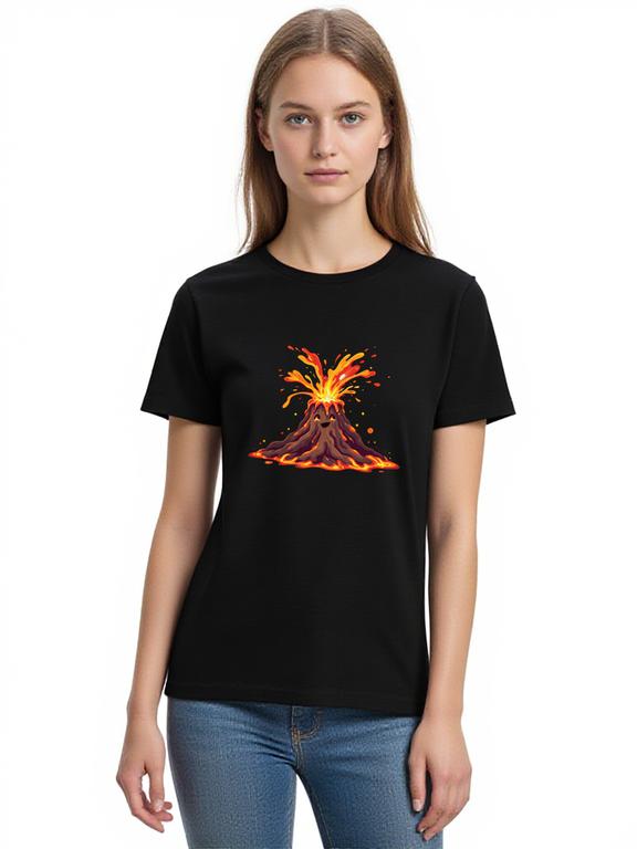 Women's T-Shirt Black Cotton Cartoon Print Volcano Summer Tee