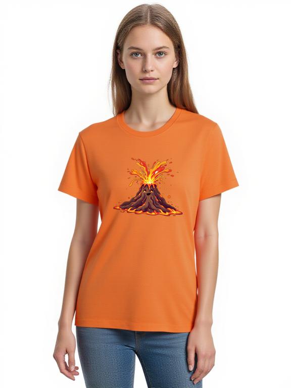 Women's T-shirt Orange Cotton Cartoon Volcano Print Summer Tee