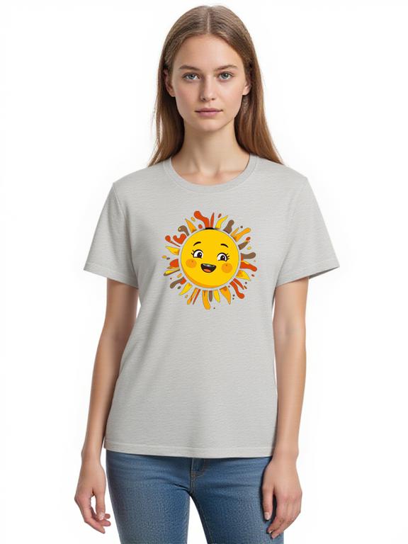 Women's T-shirt Grey Cotton Abstract Sun Cartoon Print Summer Top