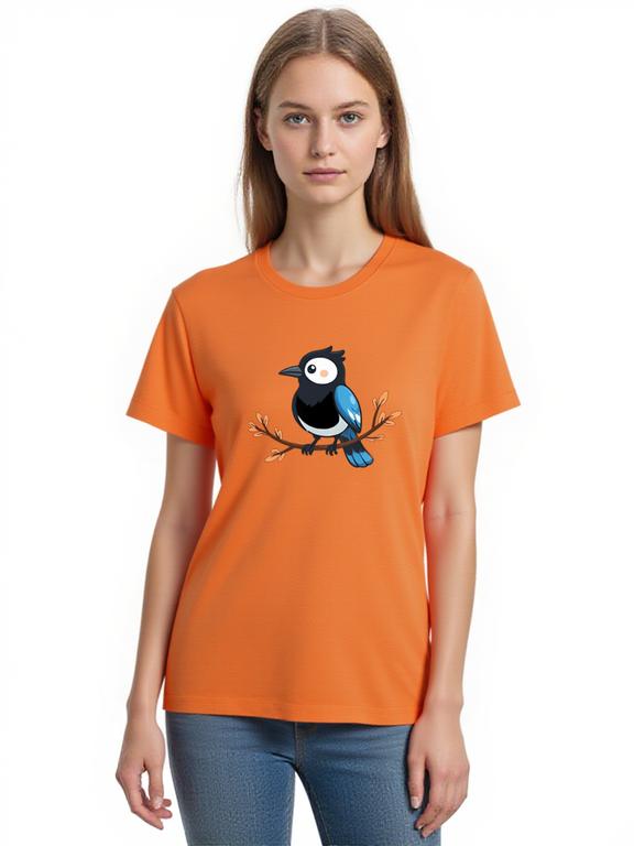 Women's T-shirt Orange Cotton Shirt with Cartoon European Magpie Print Summer Tee