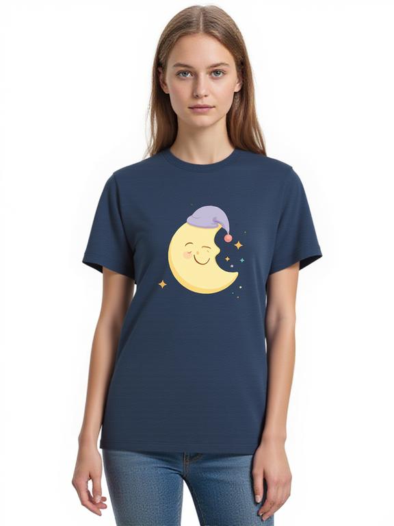 Women's T-shirt Dark Blue Cotton Shirt with Cartoon Moon Print Summer Wear
