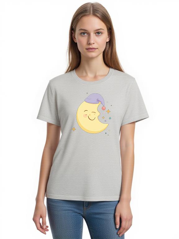 Women's T-shirt Grey Cotton Summer Top with Cartoon Moon Print