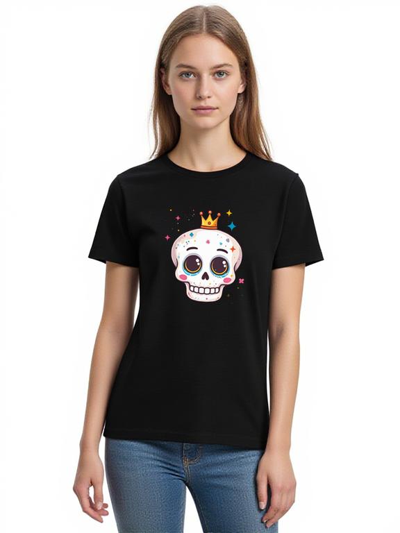 Women's T-shirt Black Cotton Skull Cartoon Print Summer Top