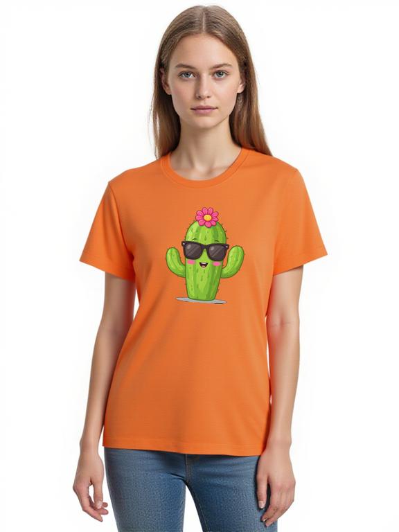 Women's Orange Cotton T-shirt with Cartoon Cactus Print Summer Casual Short Sleeve Tee
